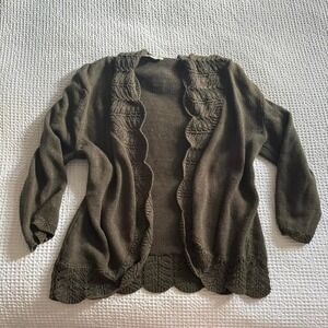 Coldwater Creek Knit Ruffle Cardigan Sweater, Size L, Olive Green, Cotton Blend